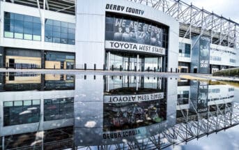 Pride Park Stadium reflected in a puddle.