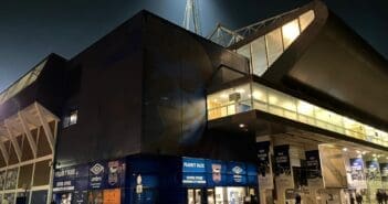 An external view at night of Portman Road, home of Ipswich Town FC, on November 29, 2023